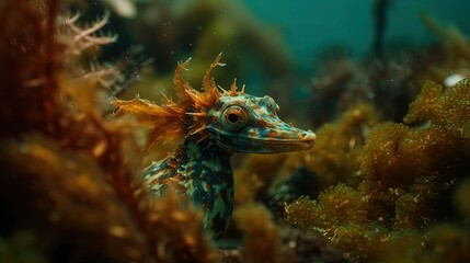 Fototapeta na wymiar Rare sea horse in corals. Generative AI