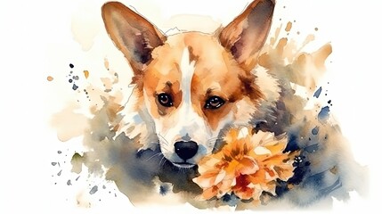 Corgi dog with flowers. In style of watercolor illustration. White background. Generative AI