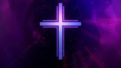 Futuristic Christian cross in ethereal sparkling purple cyberspace. Concept 3d illustration of Roman Catholic scifi crucifix as religious sign of a modern spirituality and faith in the digital world.