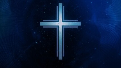 Futuristic Christian cross in ethereal sparkling blue cyberspace. Concept 3d illustration of Roman Catholic scifi crucifix as religious sign of a modern spirituality and faith in the digital world.