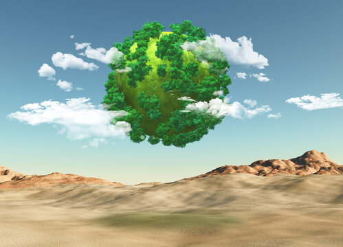 3D render of a grassy globe with trees over a barren landscape