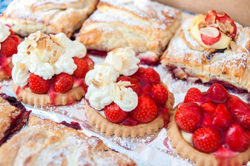 Close-up of brioches and Strawberry Shortcake