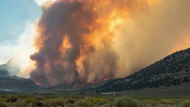 Time lapse of a forest fire burning a mountainside in California.