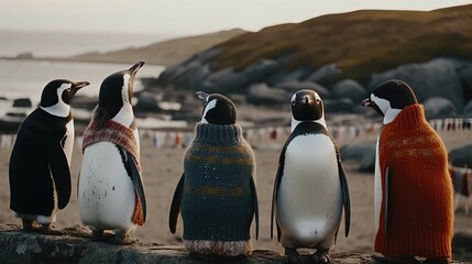 Group of penguins in sweaters. Generative AI - obrazy, fototapety, plakaty