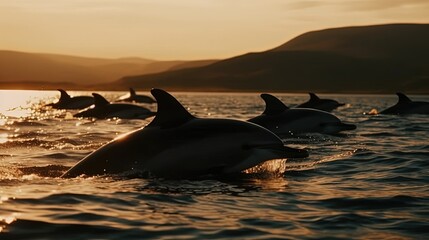 Fototapeta premium Group of dolphins jumping out of the water. Generative AI