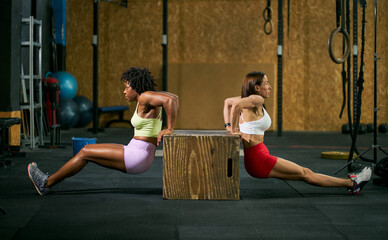 Strong diverse sportswomen doing box dips in gym