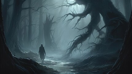 Walking along dark mysterious forest. Figure in the forest. In style of vector illustration. Generative AI