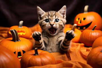Funny kitten raised his paws up, among small jack-o'-lantern pumpkins - obrazy, fototapety, plakaty
