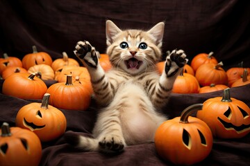 Funny kitten on his back and raised his paws up, lies among small jack-o'-lantern pumpkins, top view