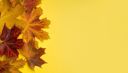 Fototapeta premium Autumn background, autumn leaves on a yellow background, Generative AI