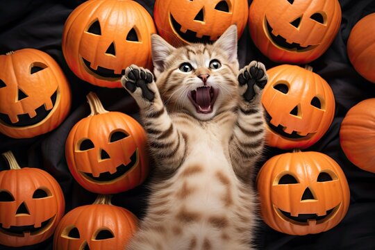 Funny kitten on his back and raised his paws up, lies among small jack-o'-lantern pumpkins, top view
