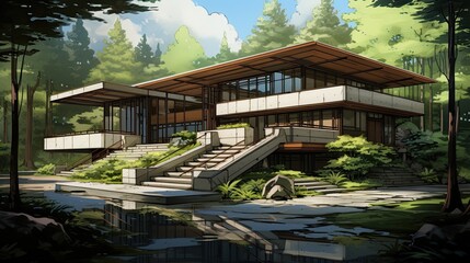 Pavilion in the park. AI generated art illustration.