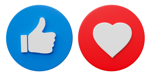 Thumb up, Like and love icon. Social media sign, technology design banner. 3D render illustration. - obrazy, fototapety, plakaty
