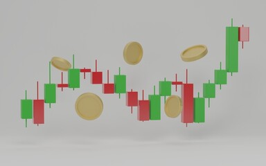 Fototapeta premium Growth stock diagram financial graph isolated on white background. Candlestick with arrow up Trading stock or forex 3d render illustration.