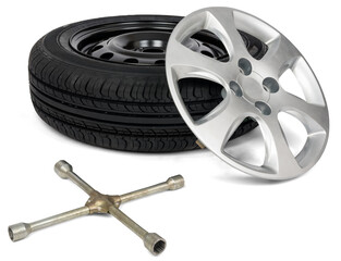 Obraz premium Car service. Car tyre with wheel cap and screwdriver. Isolated