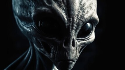 Mysterious alien. Close-up alien face. Black background. Generative AI