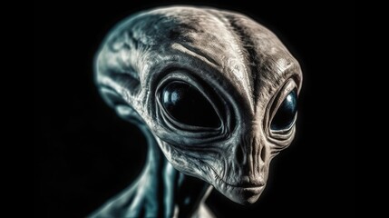 Mysterious alien. Close-up alien face. Black background. Generative AI