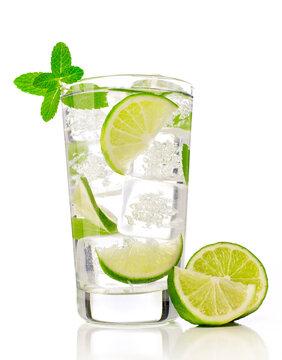Mojito cocktail with lime and mint, isolated on white