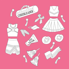 Set of cheerleading elements,  banner, poster, vector illustration. Megaphone, pompom, cheerleding uniform. Handdrawn style. 