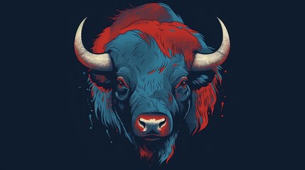 Bison. In style of graphic illustration. Blue and red. Generative AI