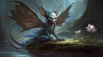 Futuristic evil fairy creature. Fantasy winged creature. In style of vector illustration. Generative AI