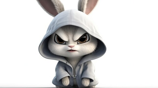 Cartoon rabbit character. Angry rabbit in hoodie. White background. Generative AI