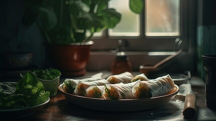 Spring rolls. Dark kitchen. Fingerfood. Generative AI - obrazy, fototapety, plakaty