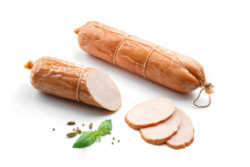 Stick of boiled pork sausage, sliced smoked ham, gammon with spices and fresh herbs isolated on...