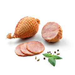 Stick of boiled pork sausage, sliced smoked ham, gammon with spices and fresh herbs isolated on white background. Meat boiled sausage, top view