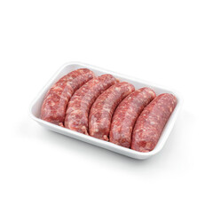 Raw meat sausages in caserola isolated on white background. Meat food, top view