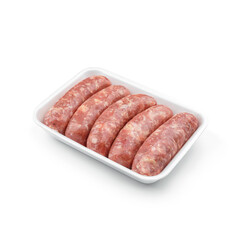 Raw meat sausages in caserola isolated on white background. Meat food, top view