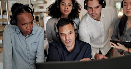 Businessman, call center and coaching team in meeting for customer service, telemarketing or support at office. Man coach training staff, consultant or agents for online advice or plan at workplace - Powered by Adobe