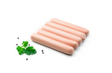 Classic sausages with spices and fresh herbs isolated on white background. Meat sausage, top view