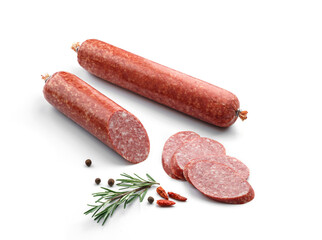 Stick of dried or smoked sausage, sliced salami with spices and fresh herbs isolated on white background. Meat sausage, top view