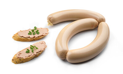 Stick of meat pate and sandwiches with pate and greens isolated on white background. Meat sausage, top view - obrazy, fototapety, plakaty