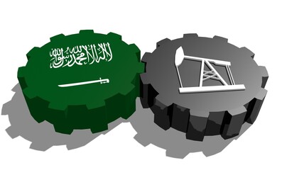 Cog wheels connection. Oil pump icon and Saudi Arabia flag on gears. Heavy and mining industry concept. 3D rendering