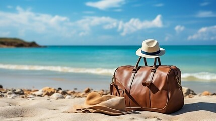 Fototapeta na wymiar Travel bag amidst the picturesque beach