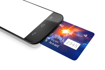 3d rendering of a smartphone and a credit card for mobile payment