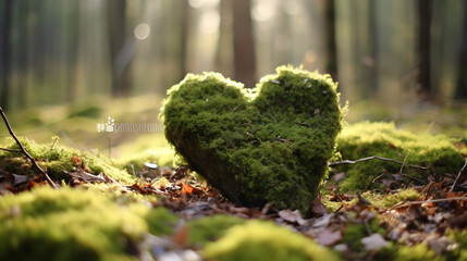 Forest dig cemetery, funeral background - Closeup of wooden heart on moss. Natural burial grave in the woods. Tree burial
 - obrazy, fototapety, plakaty