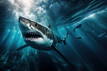 Shark swims underwater in the blue ocean