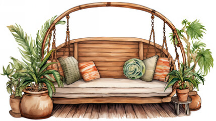 A painting of a wooden swing with plants. Generative AI.