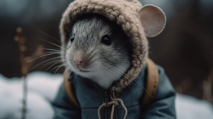 Mouse wearing winter jacket and hat. Close-up. Generative AI