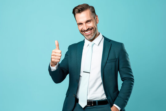 Handsome Businessman giving thumbs up with a blue background.