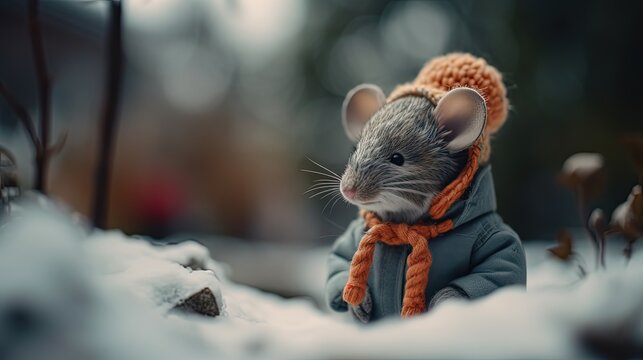 Mouse wearing winter jacket and hat. Generative AI
