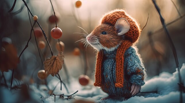 Mouse wearing winter jacket, hat and scarf. Generative AI