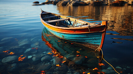 A small boat sitting on top of a body of water. Generative AI.