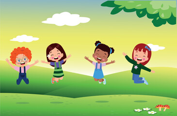 Jumping kids. Happy funny children playing and jumping in different action poses education little team vector characters. Illustration of kids and children fun and smile