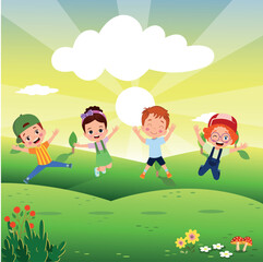 Obraz na płótnie Canvas Jumping kids. Happy funny children playing and jumping in different action poses education little team vector characters. Illustration of kids and children fun and smile