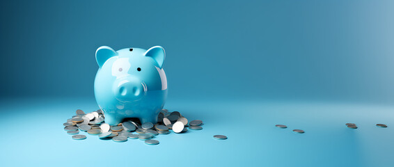 ceramic piggy bank plenty of coins for savings, extra espace  for text or graphics, Savings and investment, financial planning