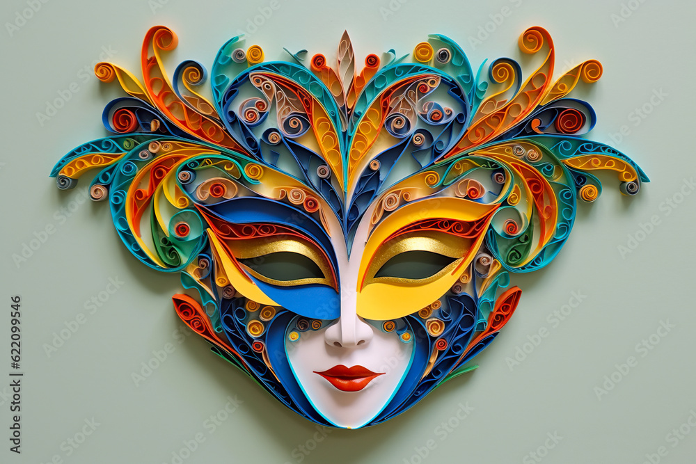 Wall mural a paper mask with colorful feathers on a wall. generative ai.